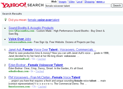 #1 Yahoo ranking for JanetAult.net for phrase 'female voiceover talent'